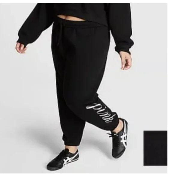 PINK Victoria's Secret Black Ivy Fleece Relaxed Fit Sweatpants Size XL NWT - Picture 2 of 9